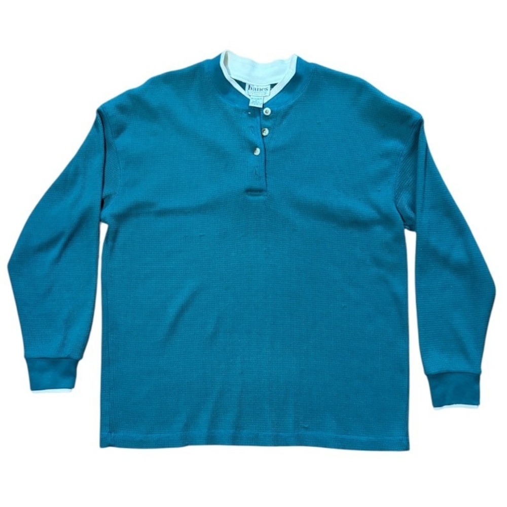 Vintage 90s Teal Waffle Knit Henley Floral Trim Layer Collar Thermal Long Sleeve